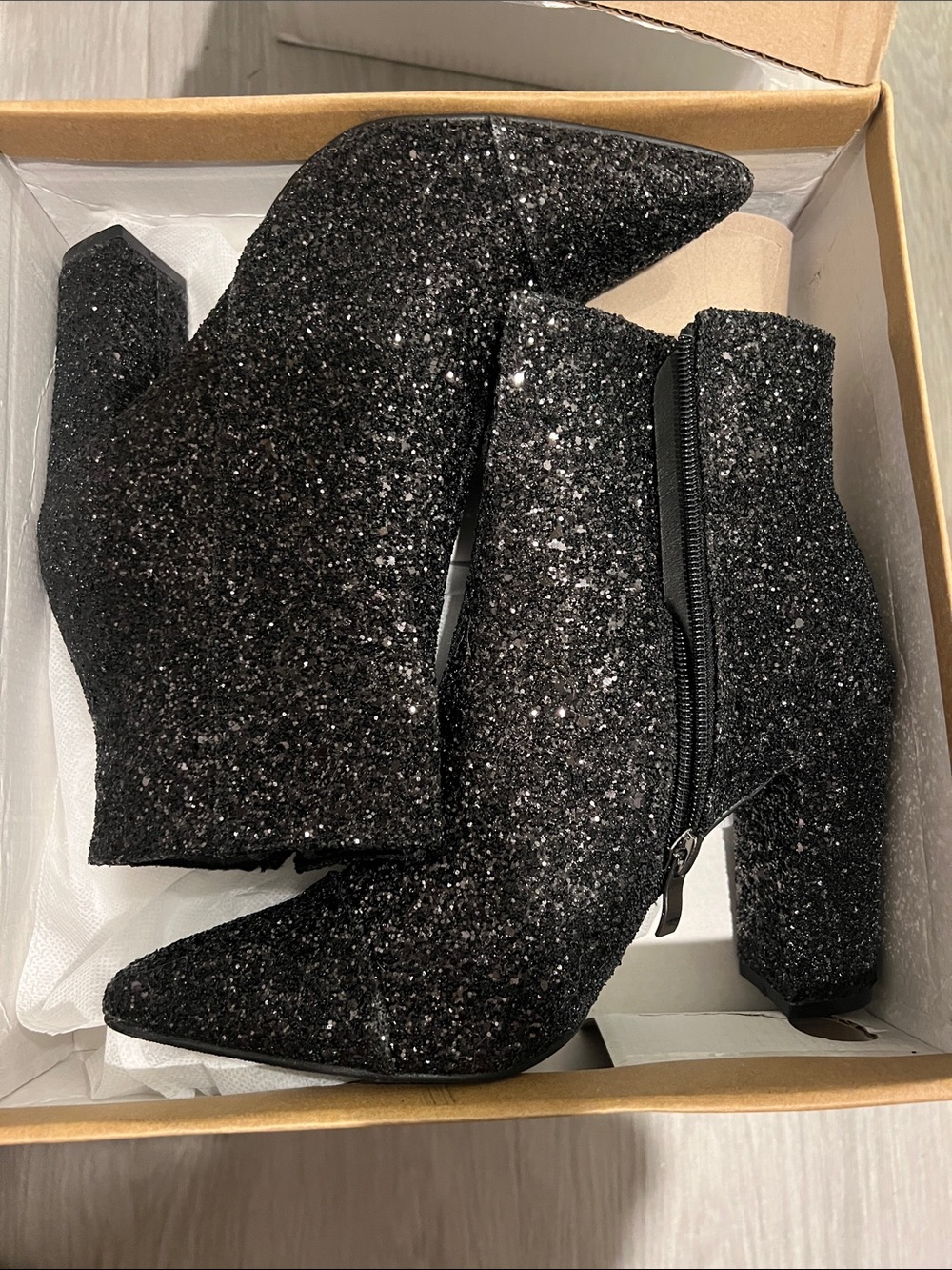 Glitter Block Heel Ankle Boots - Black **Never Worn**